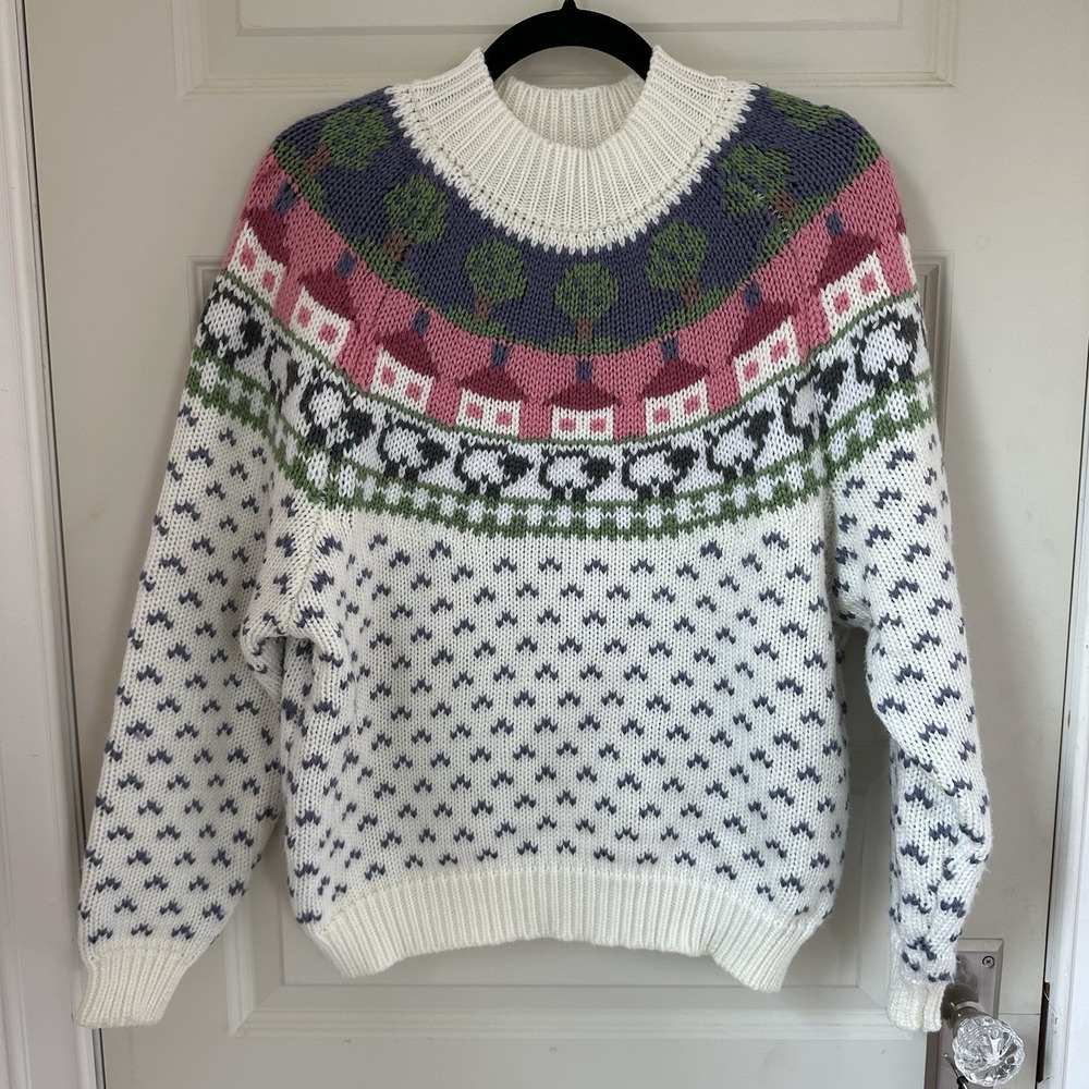 VTG NORTHERN ISLES Sweater Fair Isle Knit Womens M 100% Acrylic 80s 90s Ivory